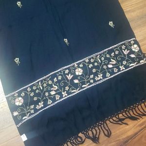 Eyeful wool black scarf embroidered flowers fringe   long